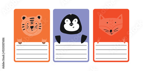 Cute school name tag funky animals flat. Animal character label card frame collection. Cartoon vector illustration