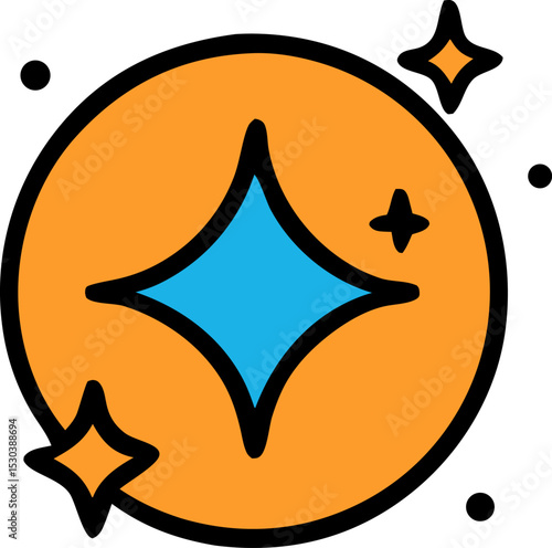 Blue star inside an orange circle with three smaller yellow stars around it. Ideal for patriotic and festive designs or promoting special deals.
