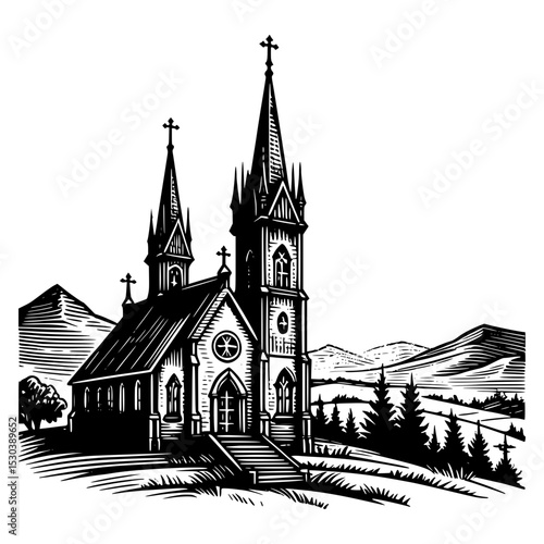 Black and white illustration of a church in mountains