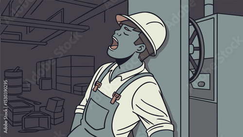 Worker in white hardhat yawning against a gray wall next to a large machine in a warehouse interior