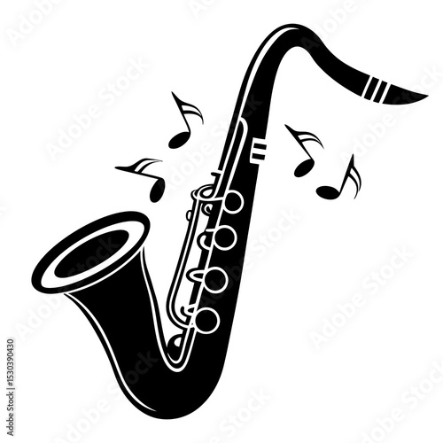Saxophone silhouette with musical notes