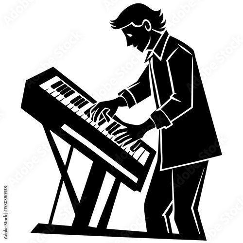 Stylized musician playing keyboard instrument
