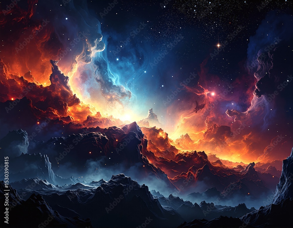 Naklejka premium A vibrant twilight sky painted in hues of deep purple and pink, scattered with twinkling stars that shimmer against the fading light.