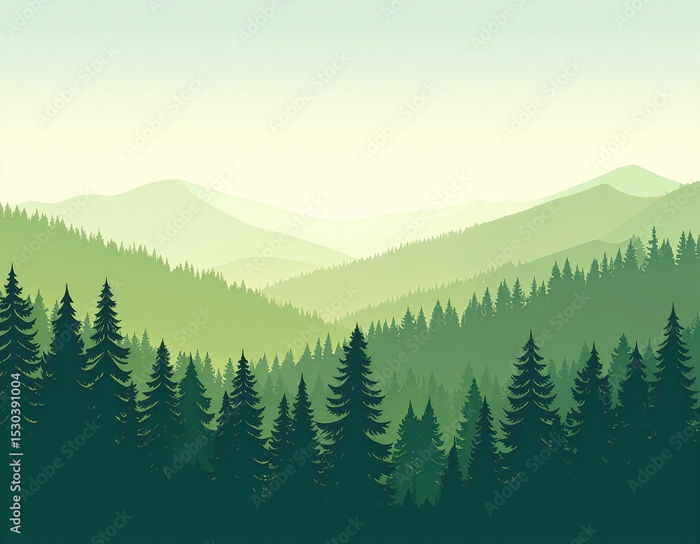 Fototapeta premium A serene forest scene featuring tall, lush green trees, vibrant wildflowers, and majestic mountains in the background, under a clear blue sky.