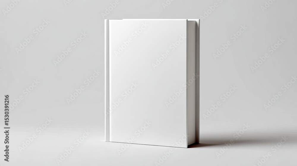 Standing blank white hardcover book on a neutral white surface, simple design Standing blank white hardcover book on a neutral white surface, simple design