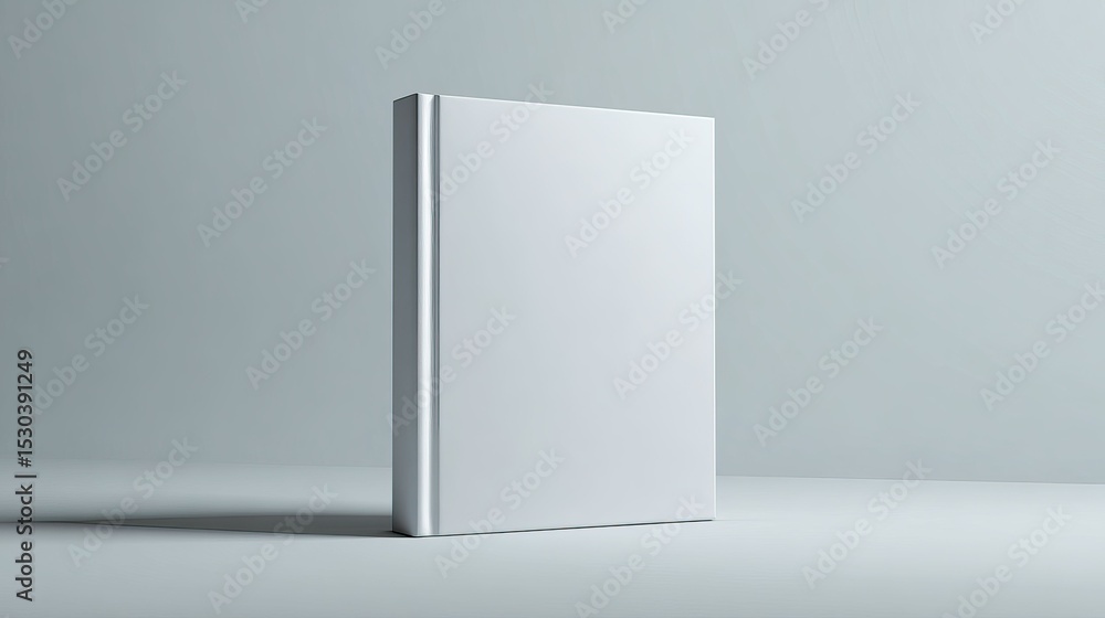 Plain white book stands upright on a light gray surface with soft shadows Plain white book stands upright on a light gray surface with soft shadows