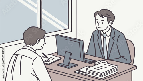 Two men in an office setting with one writing on paper and the other sitting at a computer desk setup