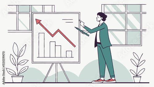 Man in suit presenting a chart with upward trending arrow and bar graph in a bright office setting