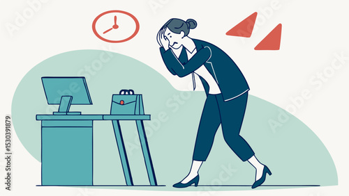 Stressed businesswoman with hands on head near desk with computer and briefcase under pressure at work