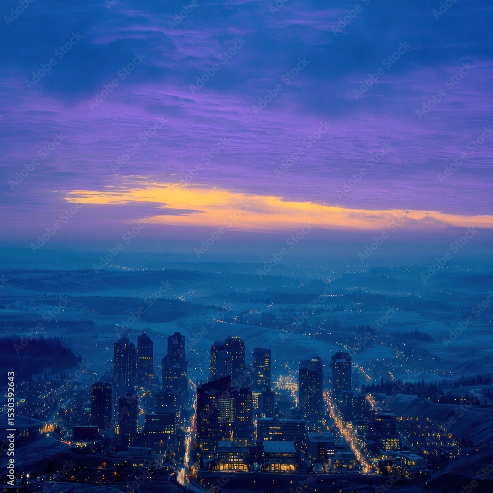 Obraz premium City skyline at dawn, hazy atmosphere