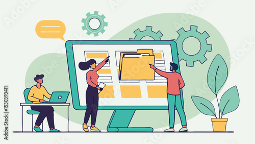 Team collaboration on digital file management with computer screen and office environment portrayed here
