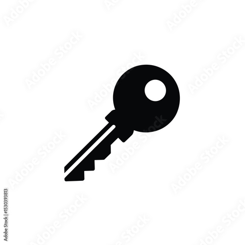 Silhouette of a Black Key with Round Head and Serrated Blade Isolated on White
