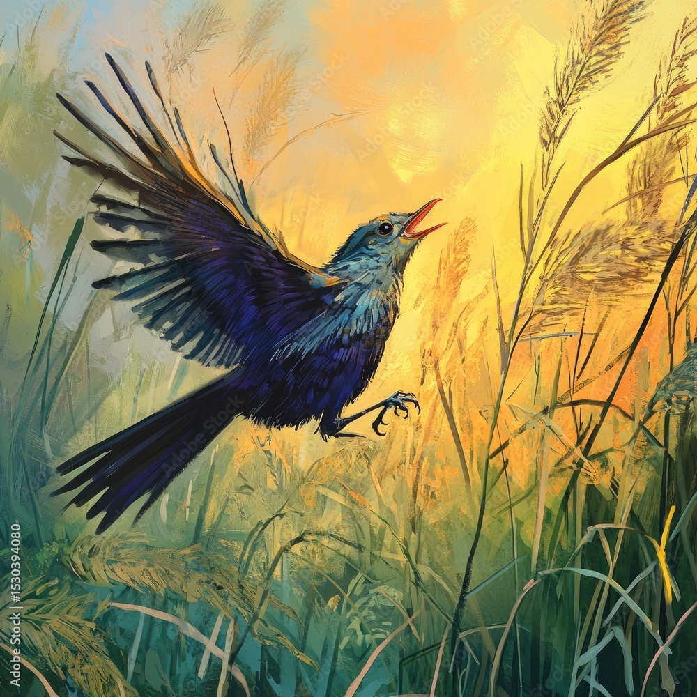 Fototapeta premium A vibrant, stylized illustration of a bird in flight amidst tall grass at sunrise. The bird, deep blue with black accents, has its wings outstretched, soaring through golden-hued grasses