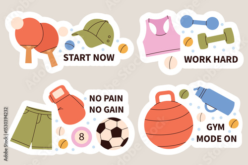 Sticker set of minimal cartoon style sports items. Different composition, emphasizing equipment, accessories, and activity items. Ideal for digital planners, journals, posters, school projects