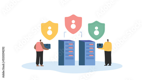 People securing data servers with colorful shields in a modern flat design illustration style scene