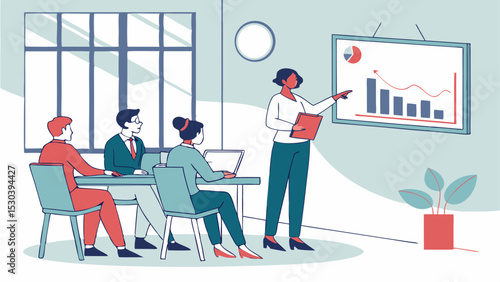 A woman presenting a graph to a group of people sitting at a table in a conference room setting here now