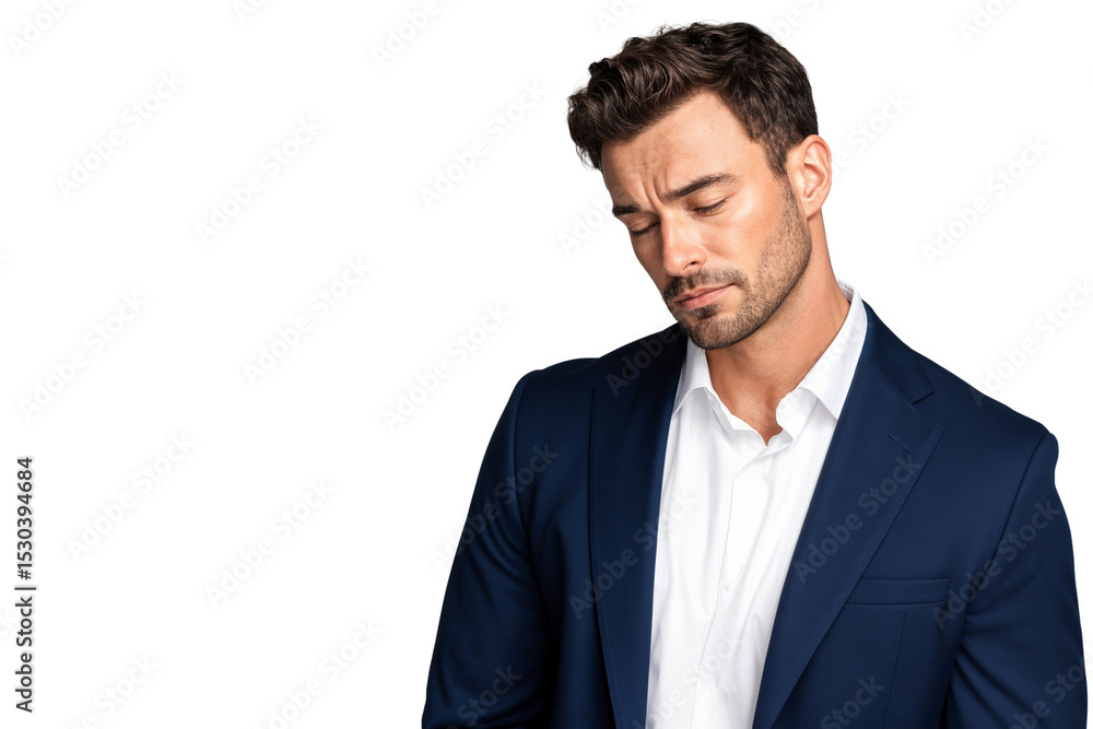 Sad young businessman looking down with a serious, emotional expression. Isolated on transparent background. Concept of stress or failure Sad young businessman looking down with a serious, emotional expression. Isolated on transparent background. Concept of stress or failure