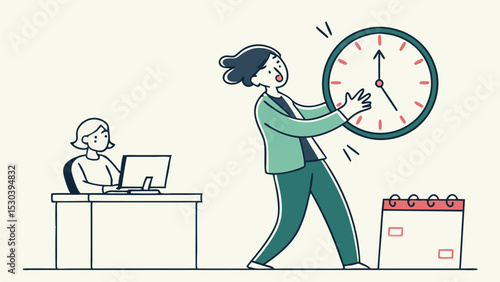 Woman holding a clock with a calendar and another woman working at a desk in the background present