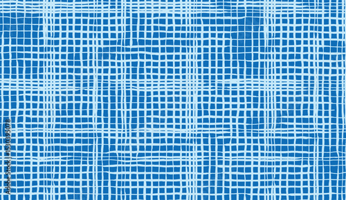Hand drawn intersection brush lines abstract grid mesh pattern, Japanese wood carving, bamboo weaving, loosely woven fabric, fishing net texture background in white and blue 