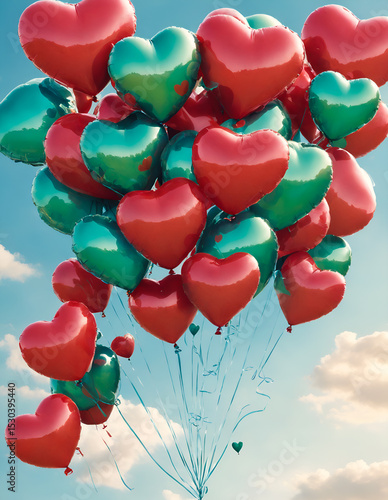 Valentines day. Heart shaped balloons floating in the sky.