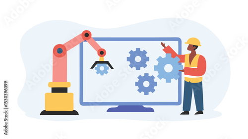 Illustration of an automated assembly line with a worker and a robotic arm assembling gears on a screen