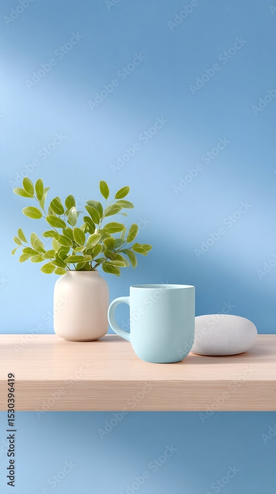 Light Blue Mug and Greenery on Wooden Shelf Against a Pastel Blue Wall Light Blue Mug and Greenery on Wooden Shelf Against a Pastel Blue Wall