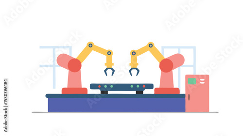 Illustration of two robotic arms working on a conveyor belt in a factory setting shown in flat design