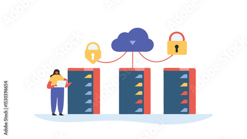Woman with tablet stands near servers connected to a cloud with security locks for data protection