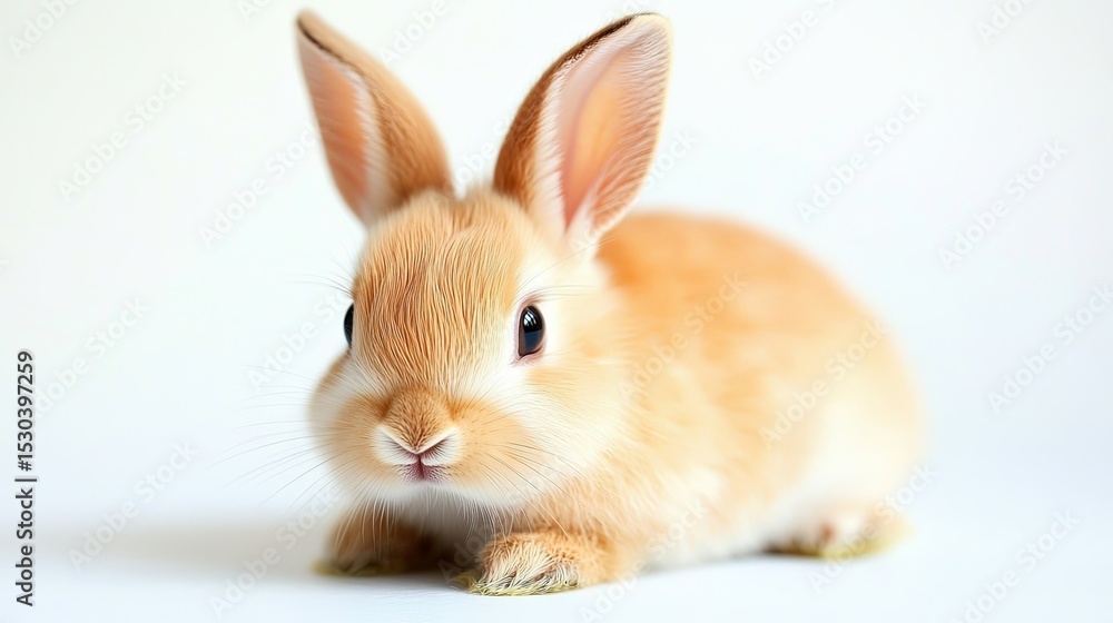 Obraz premium Adorable fluffy rabbit sitting on a white background with bright eyes