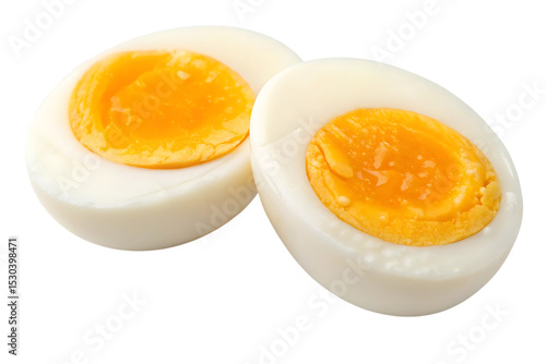 Two halves of a hard boiled egg on transparent background