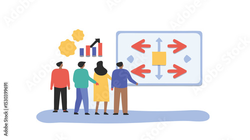 Group of people looking at a board with arrows and a graph during a business presentation