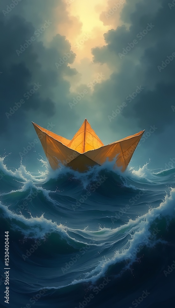 Obraz premium Illustration of a paper boat caught in stormy waves under a spotlight. Depicts vulnerability, resilience, and fragile hope in turbulent times. 