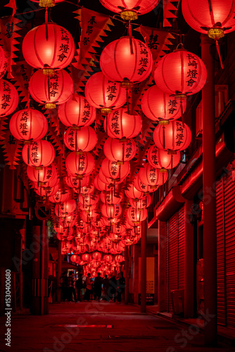 Lantern-lit street at Nagasaki Lantern Festival at night