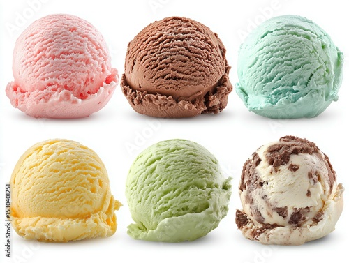 Assorted ice cream scoops displayed against a white background.