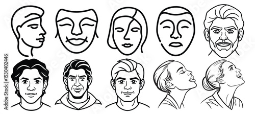people face facial expression set silhouette black and white vector doodle art