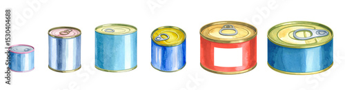 A colorful collection of various sizes of canned food products in a row.