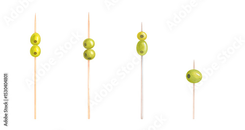 Four olive skewers arranged artistically on a simple white background.
