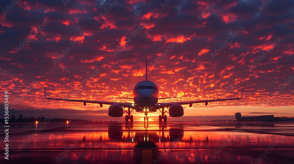 Obraz premium Passenger Plane Silhouetted Against Dramatic Sunset