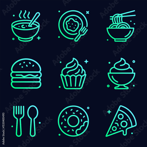 Gradient food icons on dark background. Icon symbol illustration