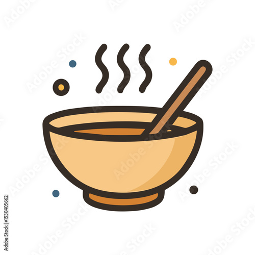 Steaming bowl with spoon and colorful dots. Icon symbol illustration