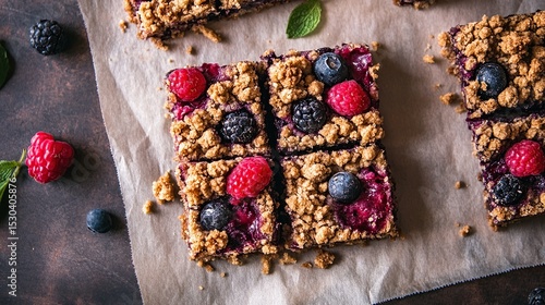 Four squares of baked berry crumble bars, cut and arranged on parchment paper, garnished with fresh raspberries and blueberries, on a dark brown surface