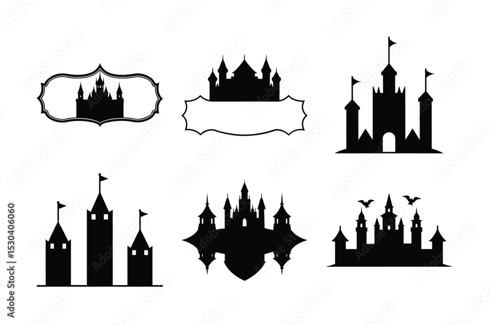 Fototapeta premium A Collection of Six Black Silhouettes of Castles, Showing Various Styles and Designs