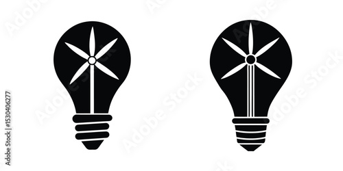 Light Bulb Combined With Wind Turbine Blades Symbolizing Green Energy Silhouette on White Background