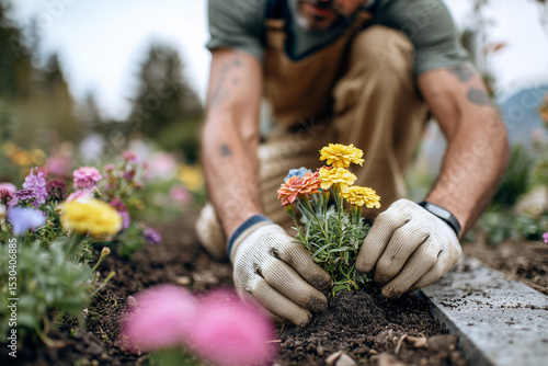 Fototapeta Naklejka Na Ścianę i Meble -   landscape designer working in the park planting flowers.Gardener planting flowers in a botanical garden