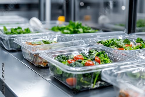 Freshly prepared salads in transparent containers are arranged on conveyor belt, showcasing vibrant greens and cherry tomatoes