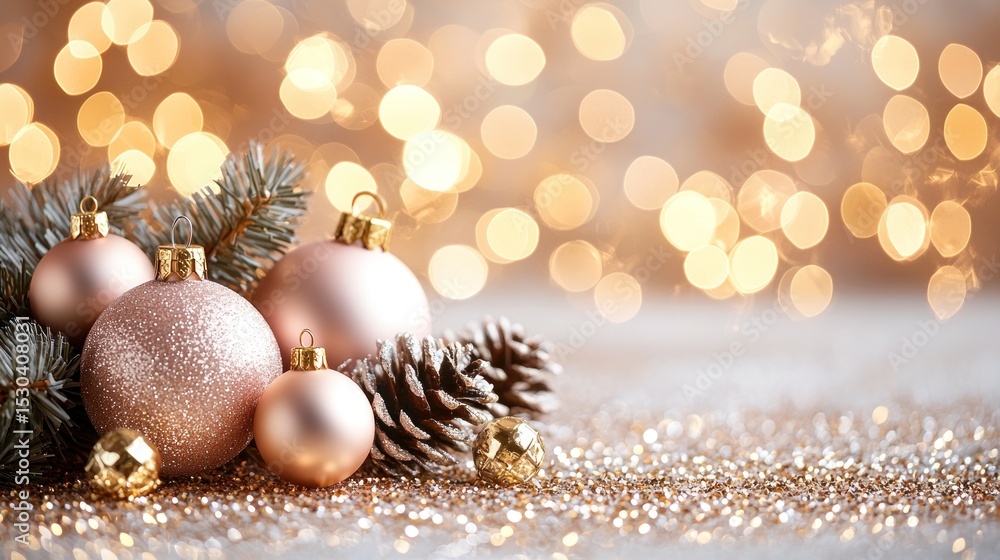 Rose gold Christmas ornaments, pine cones, and glitter rest on a sparkling surface against a bokeh background Rose gold Christmas ornaments, pine cones, and glitter rest on a sparkling surface against a bokeh background