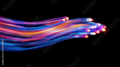 Vibrant fiber optic cables glowing in various colors, representing high speed internet technology and connectivity