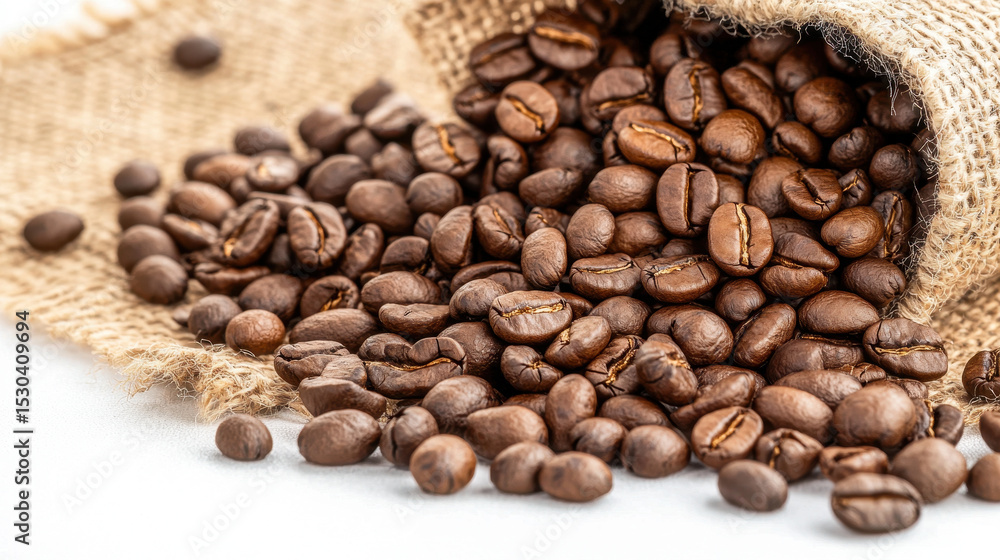 Fresh organic coffee beans spilling from burlap sack, showcasing their rich brown color and texture, creating warm Fresh organic coffee beans spilling from burlap sack, showcasing their rich brown color and texture, creating warm