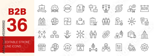 B2B icon set. Containing business to business, supplier, commerce, vendor, enterprise, partnership, purchase order, supply chain, trade and more. Editable line icons. Vector illustration.