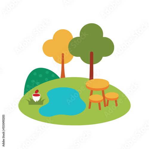 vector illustration of picnic spot by the pond with small table
